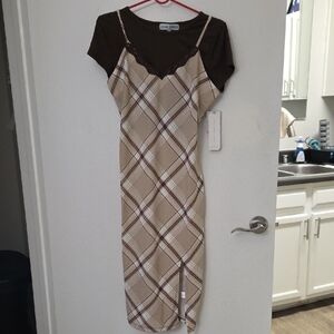 Almost Famous Beige Plaid Dress with Brown Lace Trim
